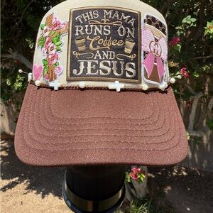 New Custom Patch Trucker Hat, This Mama runs on coffee and Jesus